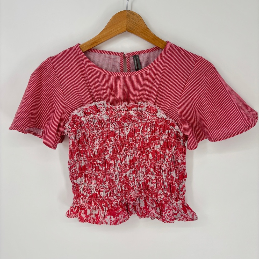 Anthropologie Smocked Linen Twofer Top Small Red Flutter Botanical Boho Cottage